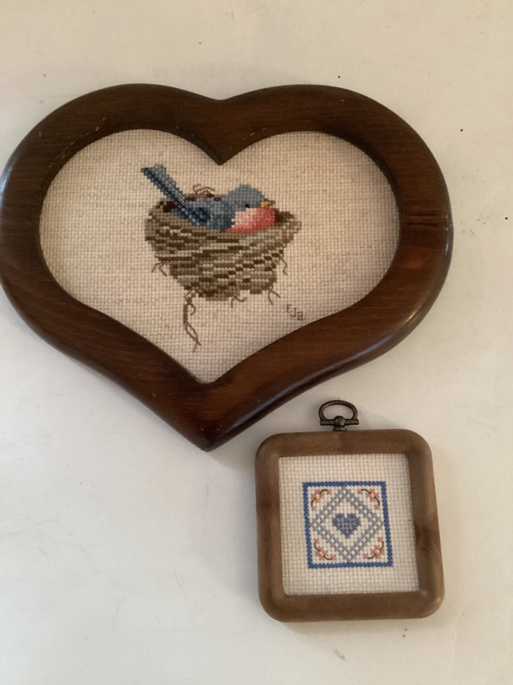 2 Hand Stitched Cross Stitch Framed Pictures  Blue Bird and Heart